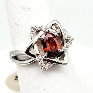 Sz 6 Star of David Ring Cubic Zirconia's Faux Rustic Red Oval Stone Silver Plate